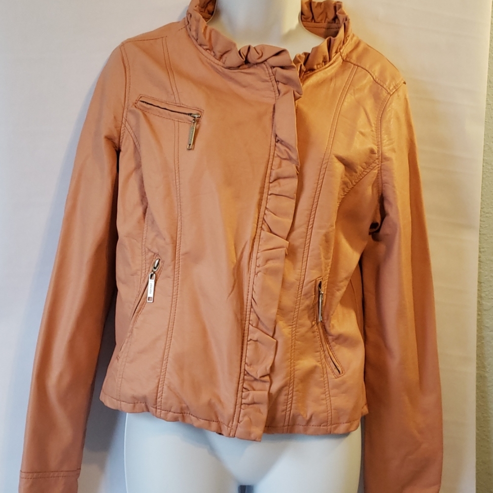 Peachy-pink ruffled leather-feel jacket